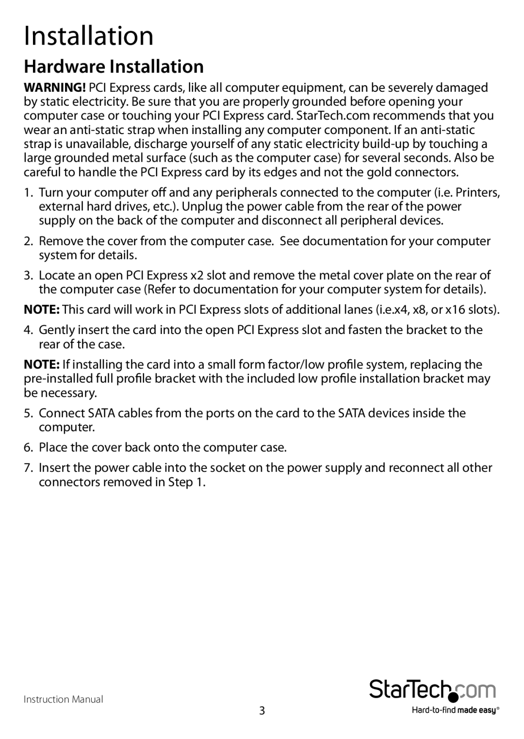 StarTech.com PEXSAT34RH manual Hardware Installation 
