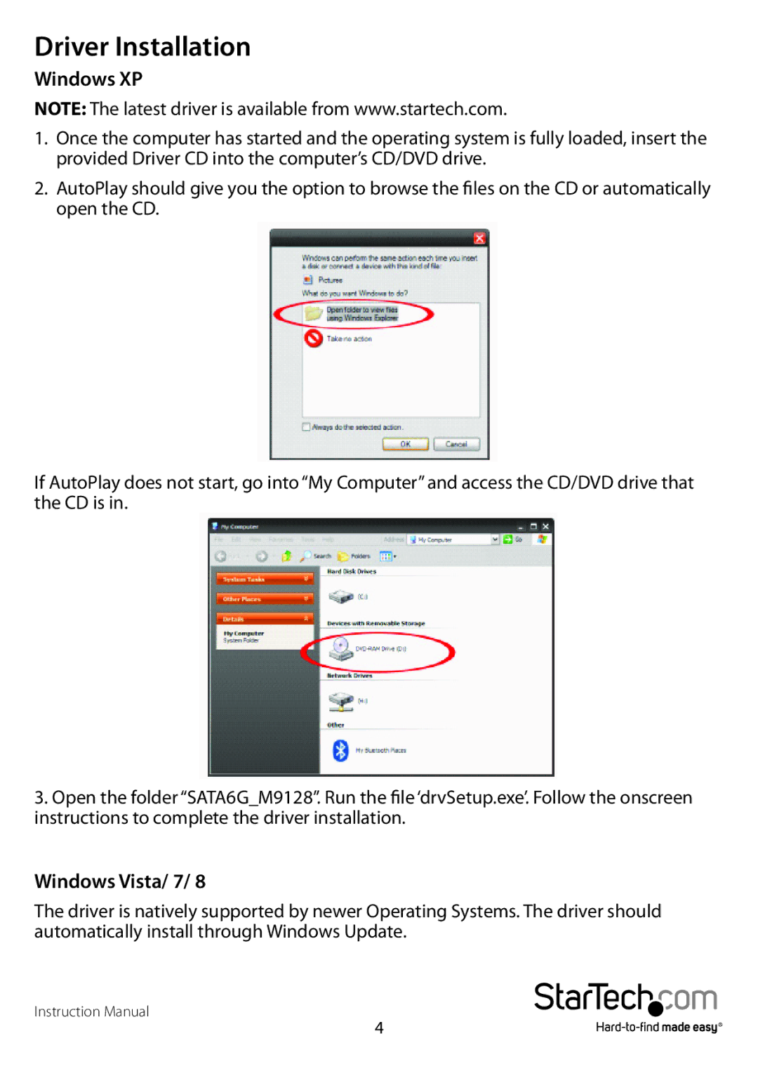 StarTech.com PEXSAT34RH manual Driver Installation, Windows XP, Windows Vista/ 7 