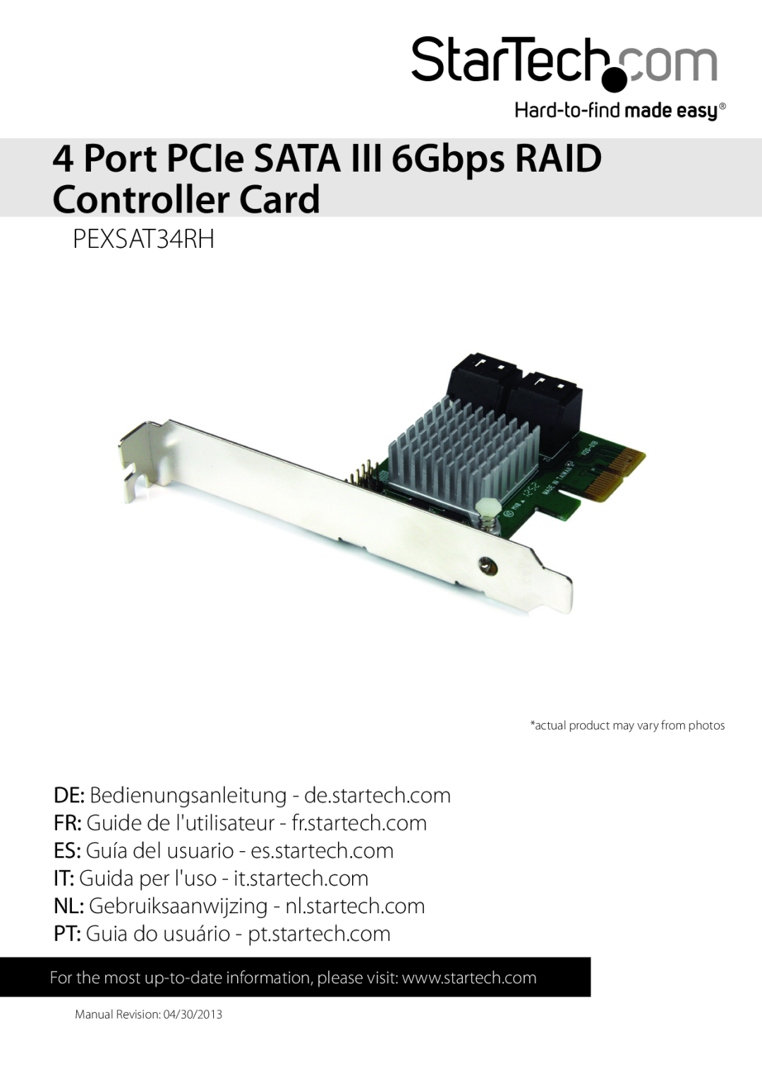 StarTech.com PEXSAT34RH manual Port PCIe SATA III 6Gbps RAID Controller Card, DE Bedienungsanleitung - de.startech.com 