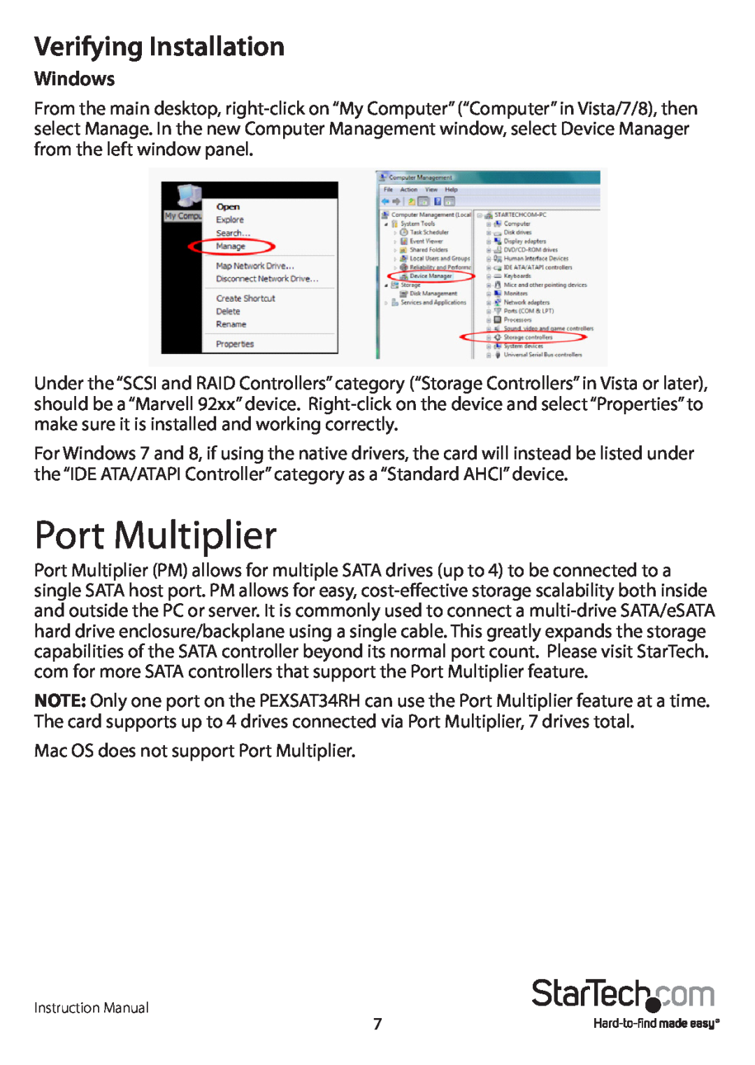 StarTech.com PEXSAT34RH manual Port Multiplier, Verifying Installation, Windows 