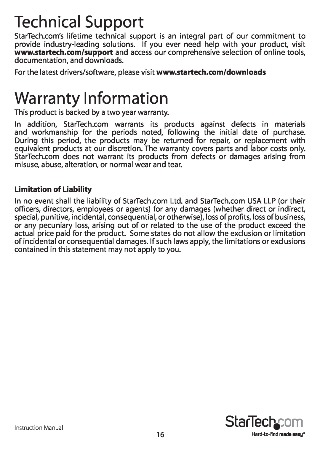 StarTech.com PEXSAT34RH manual Technical Support, Warranty Information, Limitation of Liability 