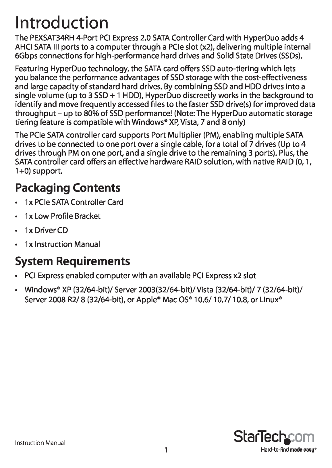 StarTech.com PEXSAT34RH manual Introduction, Packaging Contents, System Requirements 