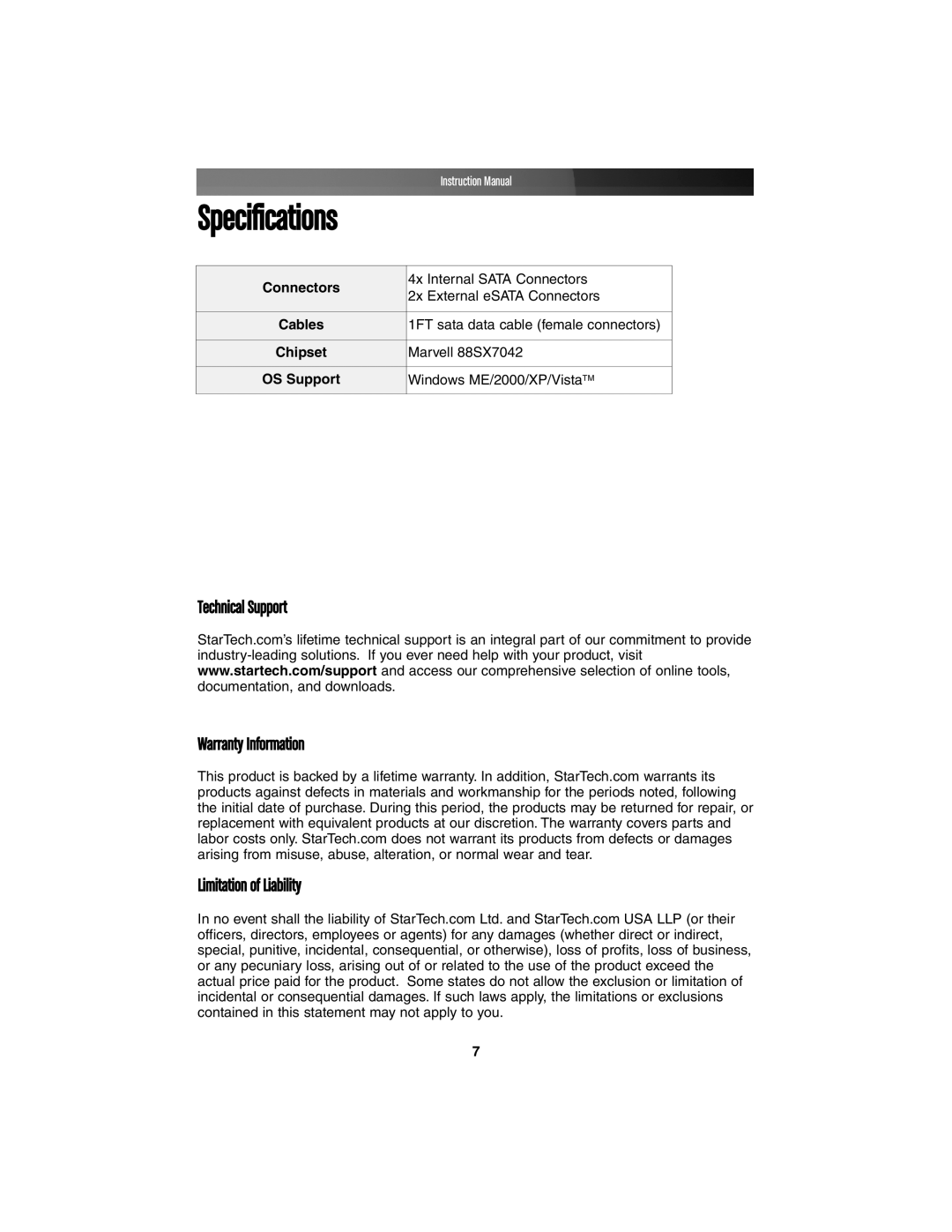 StarTech.com PEXSATA24E instruction manual Specifications, Connectors, Cables, Chipset, OS Support 