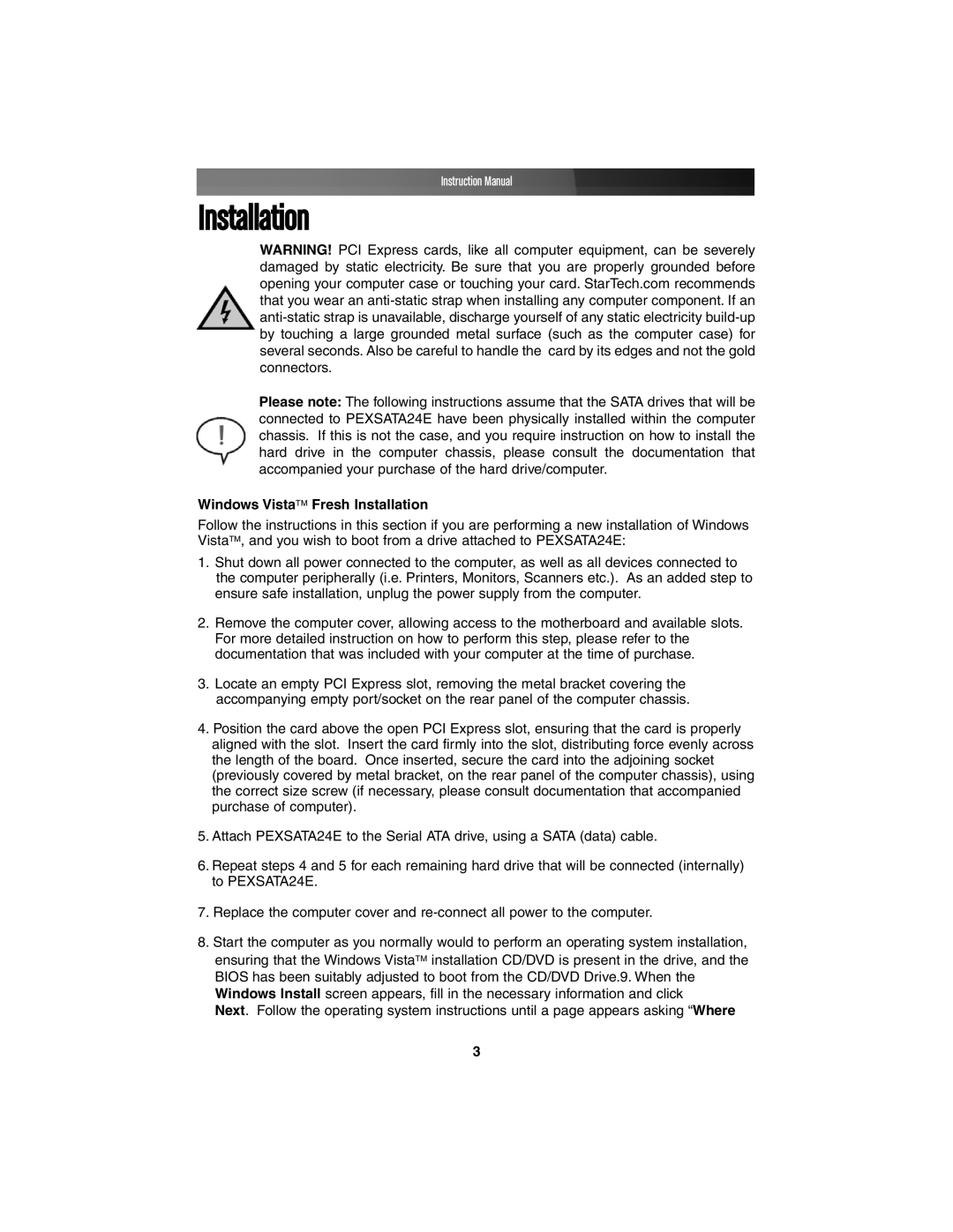 StarTech.com PEXSATA24E instruction manual Windows VistaTM Fresh Installation, Instruction Manual 