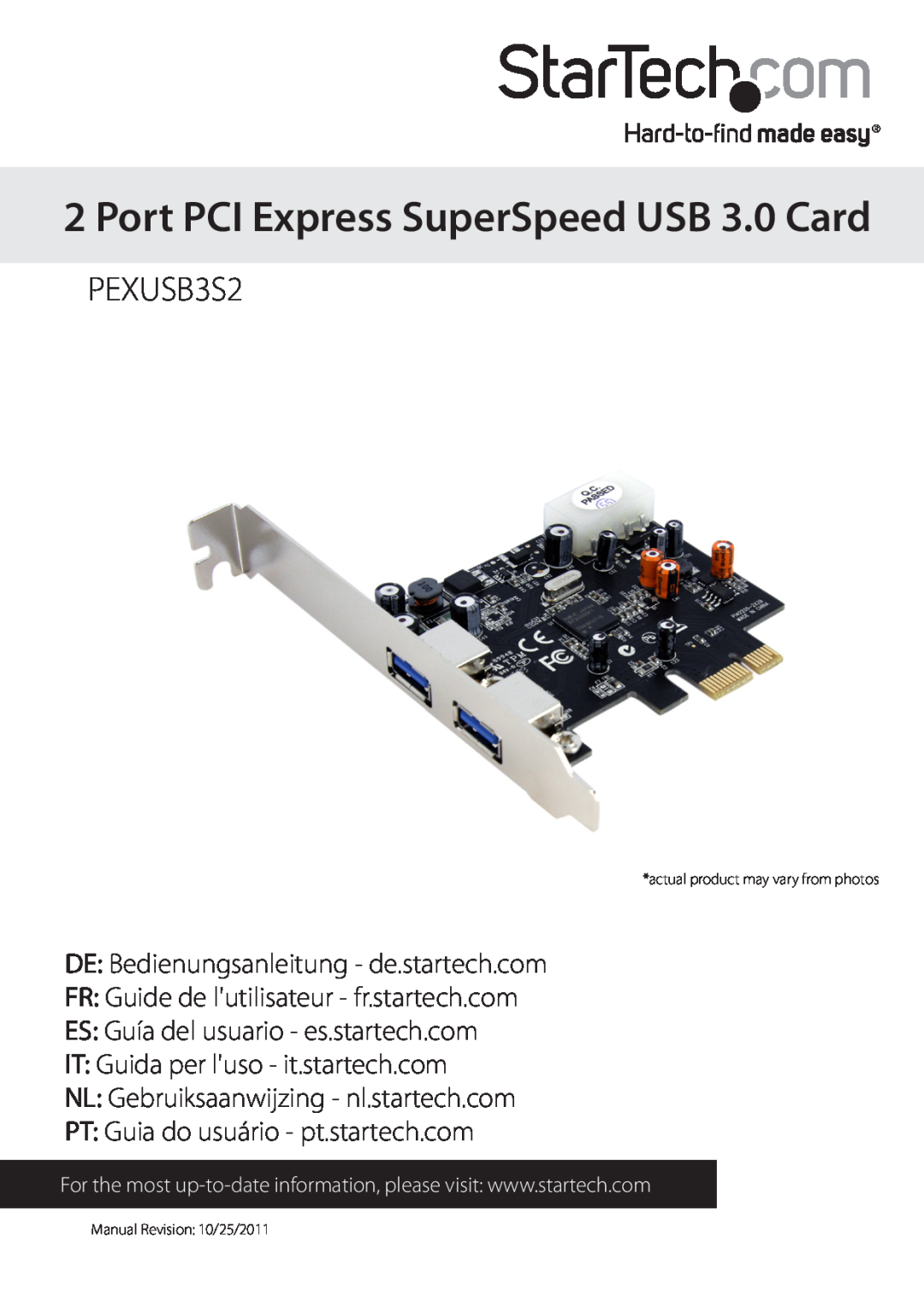 StarTech.com PEXUSB3S2 manual Port PCI Express SuperSpeed USB 3.0 Card, DE Bedienungsanleitung - de.startech.com 
