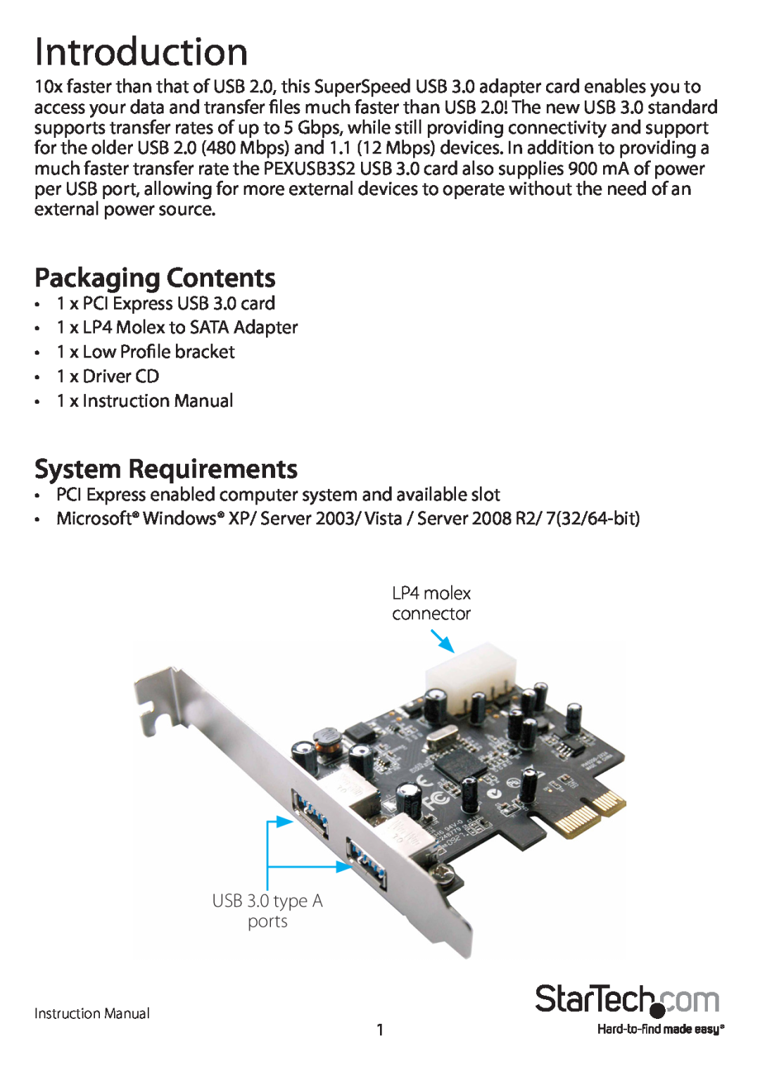 StarTech.com PEXUSB3S2 manual Introduction, Packaging Contents, System Requirements 