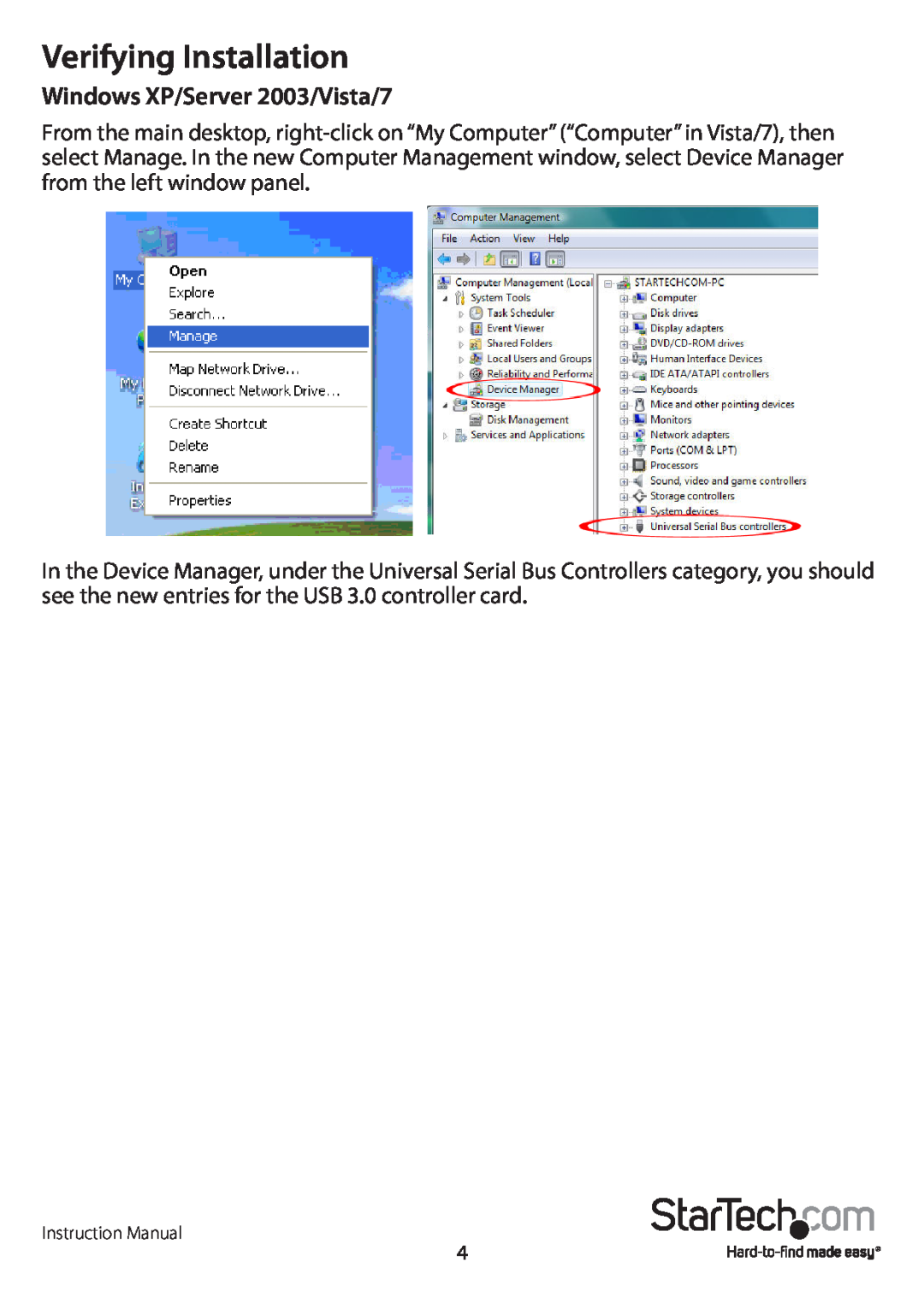 StarTech.com PEXUSB3S2 manual Verifying Installation, Windows XP/Server 2003/Vista/7 