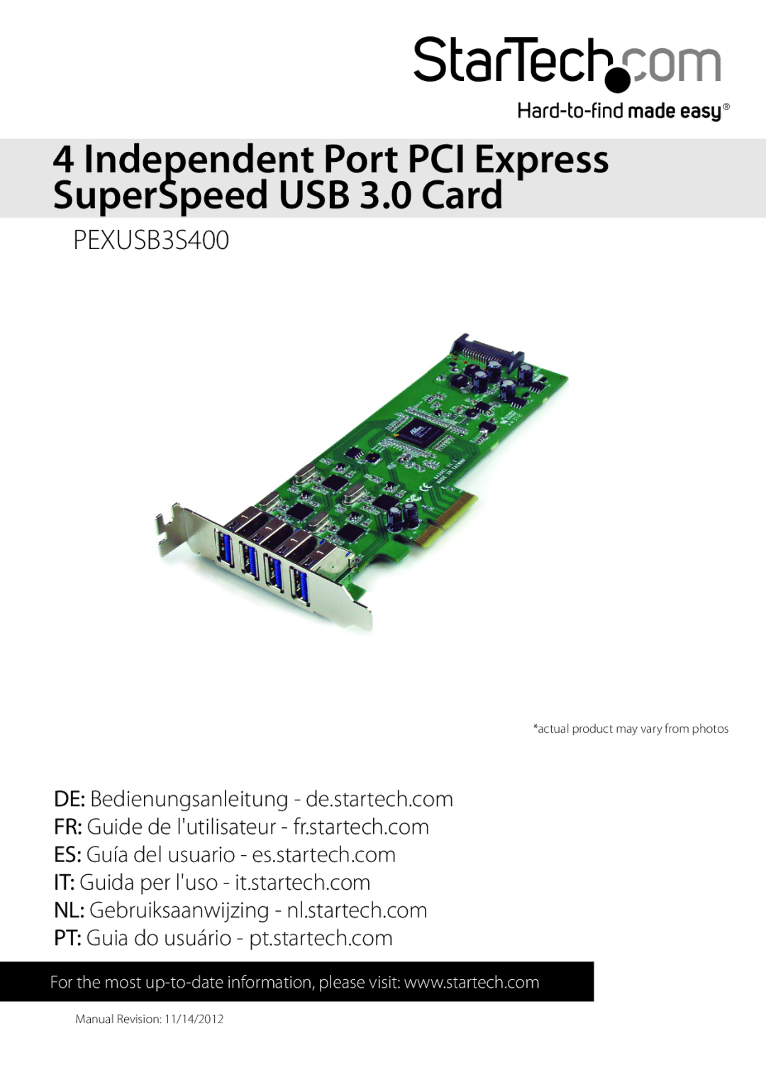 StarTech.com PEXUSB3S400 manual Independent Port PCI Express SuperSpeed USB 3.0 Card 