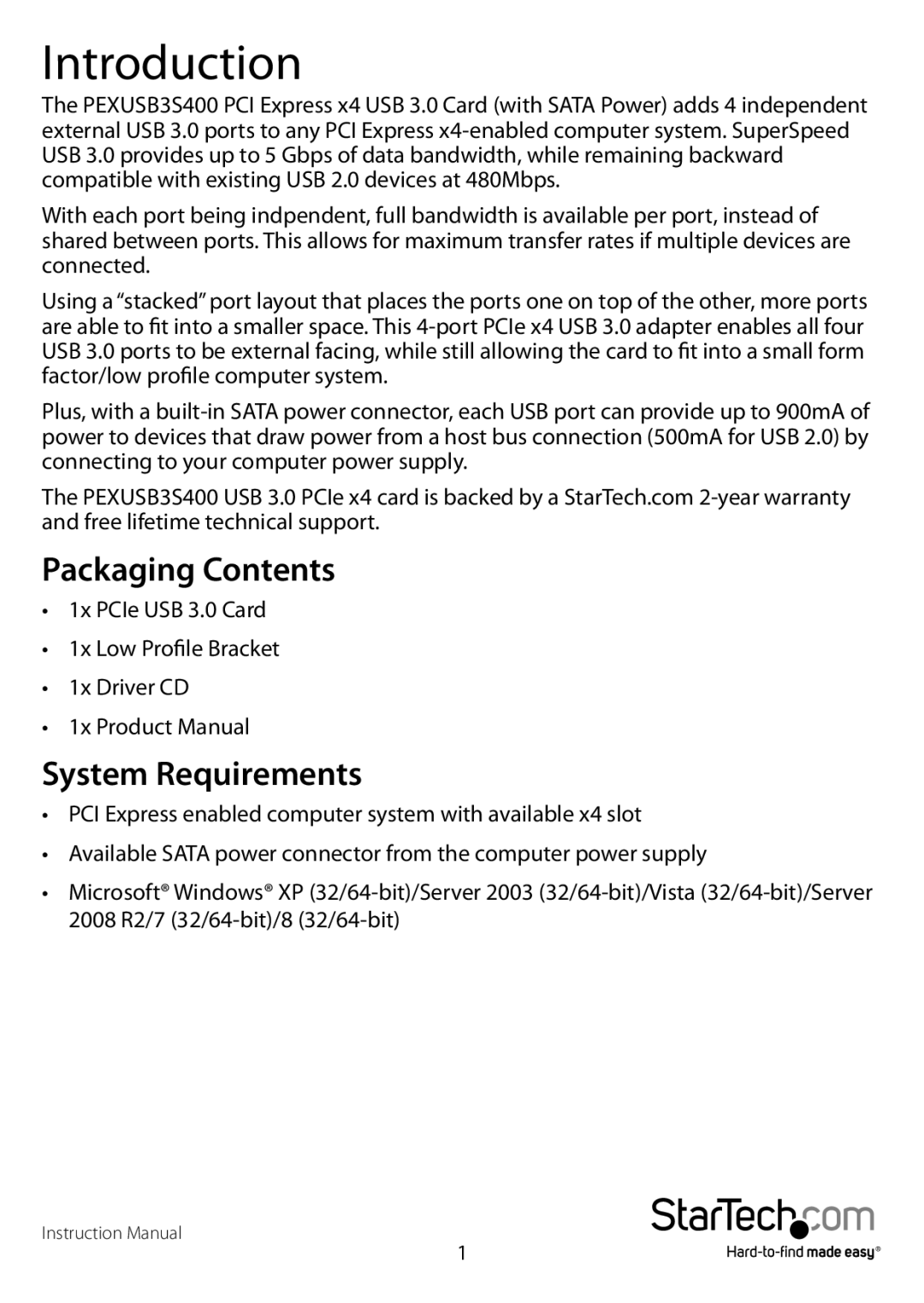 StarTech.com PEXUSB3S400 manual Introduction, Packaging Contents, System Requirements 