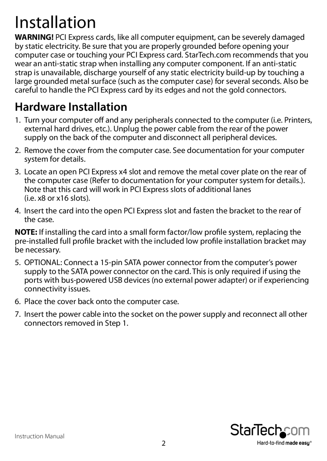 StarTech.com PEXUSB3S400 manual Hardware Installation 