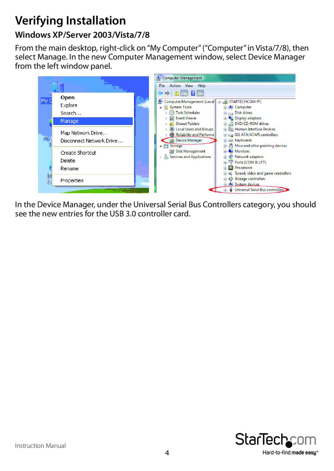 StarTech.com PEXUSB3S400 manual Verifying Installation, Windows XP/Server 2003/Vista/7/8 