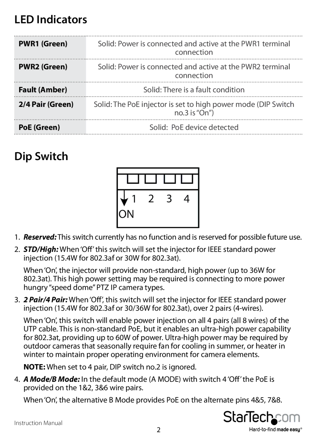 StarTech.com POEINJ1GI manual LED Indicators, Dip Switch 