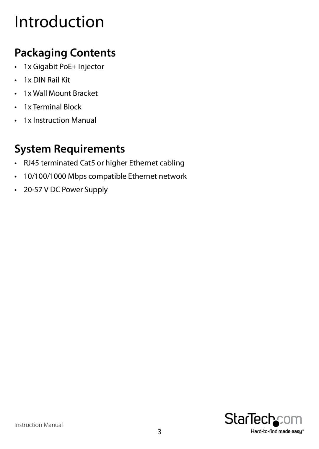 StarTech.com POEINJ1GI manual Introduction, Packaging Contents, System Requirements 