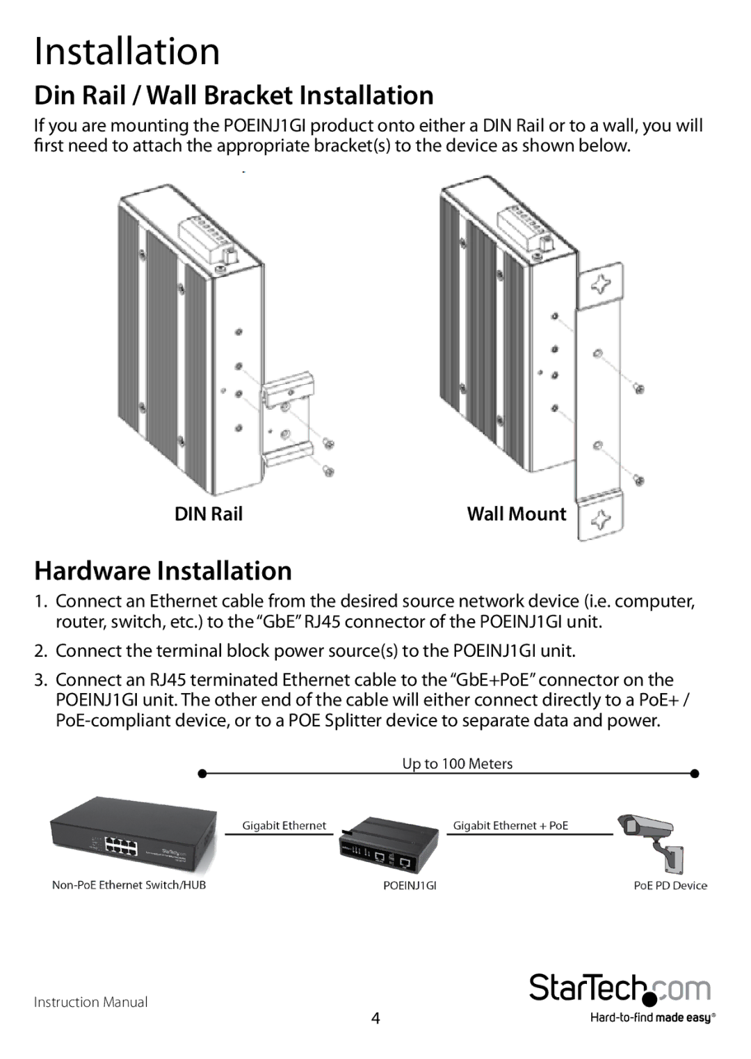 StarTech.com POEINJ1GI manual Din Rail / Wall Bracket Installation, Hardware Installation 