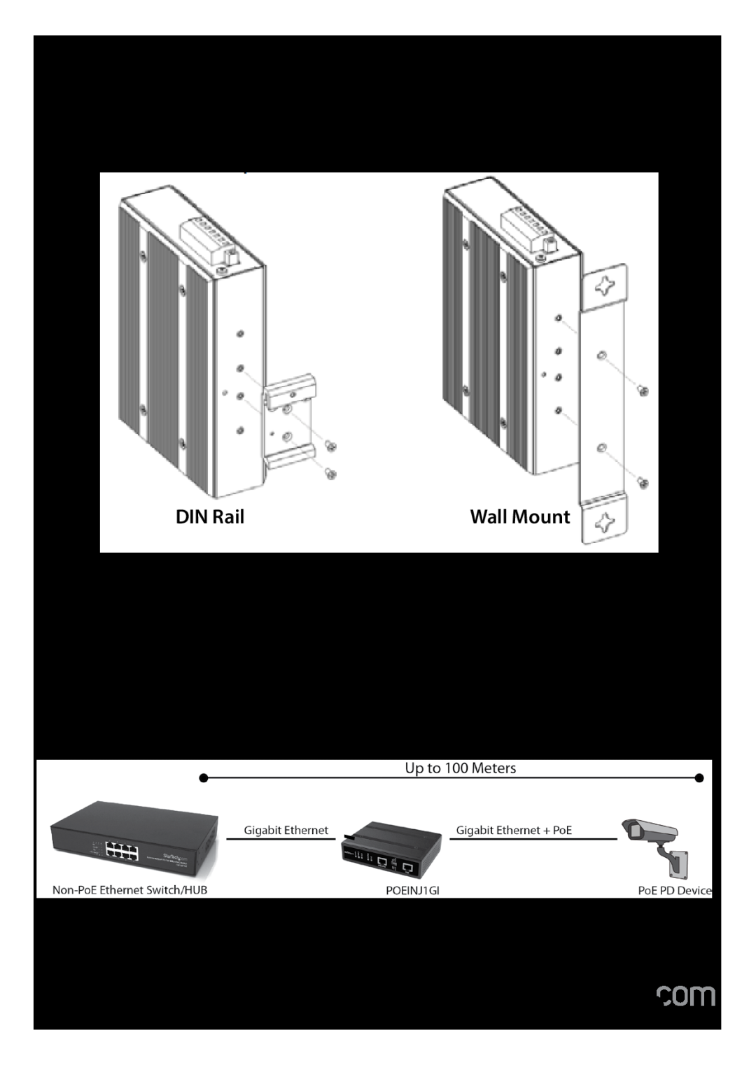 StarTech.com POEINJ1GI manual Din Rail / Wall Bracket Installation, Hardware Installation, DIN Rail, Wall Mount 