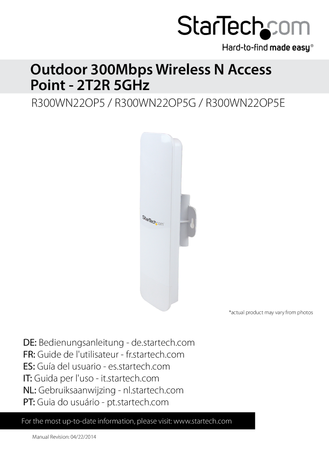 StarTech.com R300WN22OP5E, R300WN220P5G manual Outdoor 300Mbps Wireless N Access Point 2T2R 5GHz 