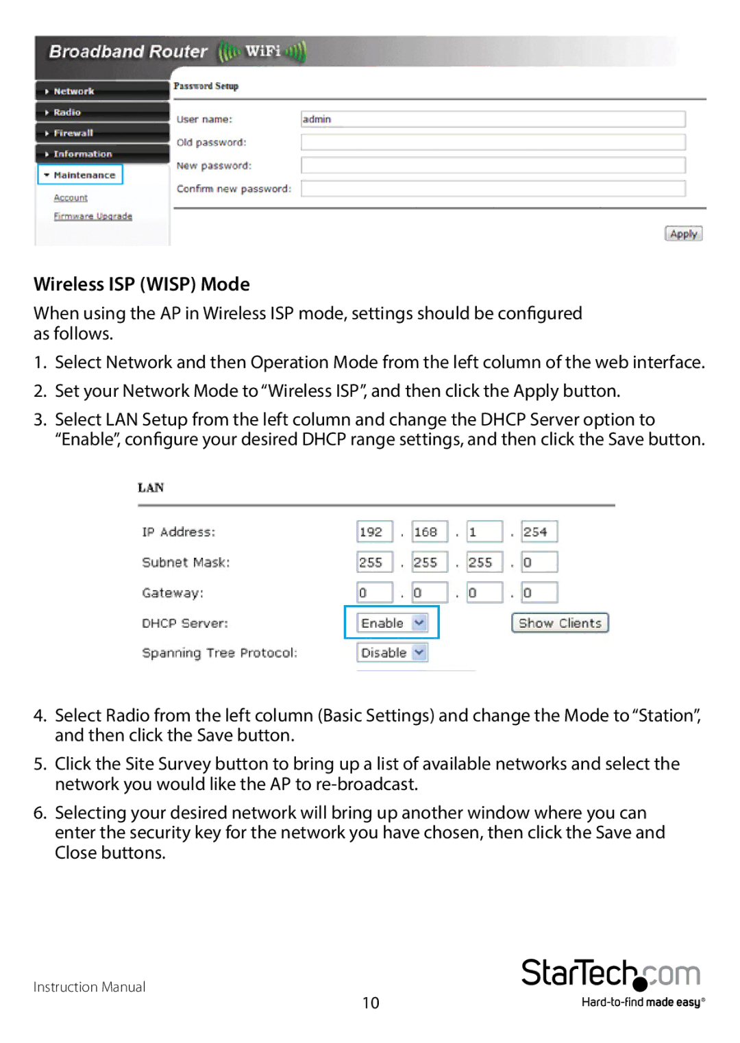 StarTech.com R300WN22OP5E, R300WN220P5G manual Wireless ISP Wisp Mode 