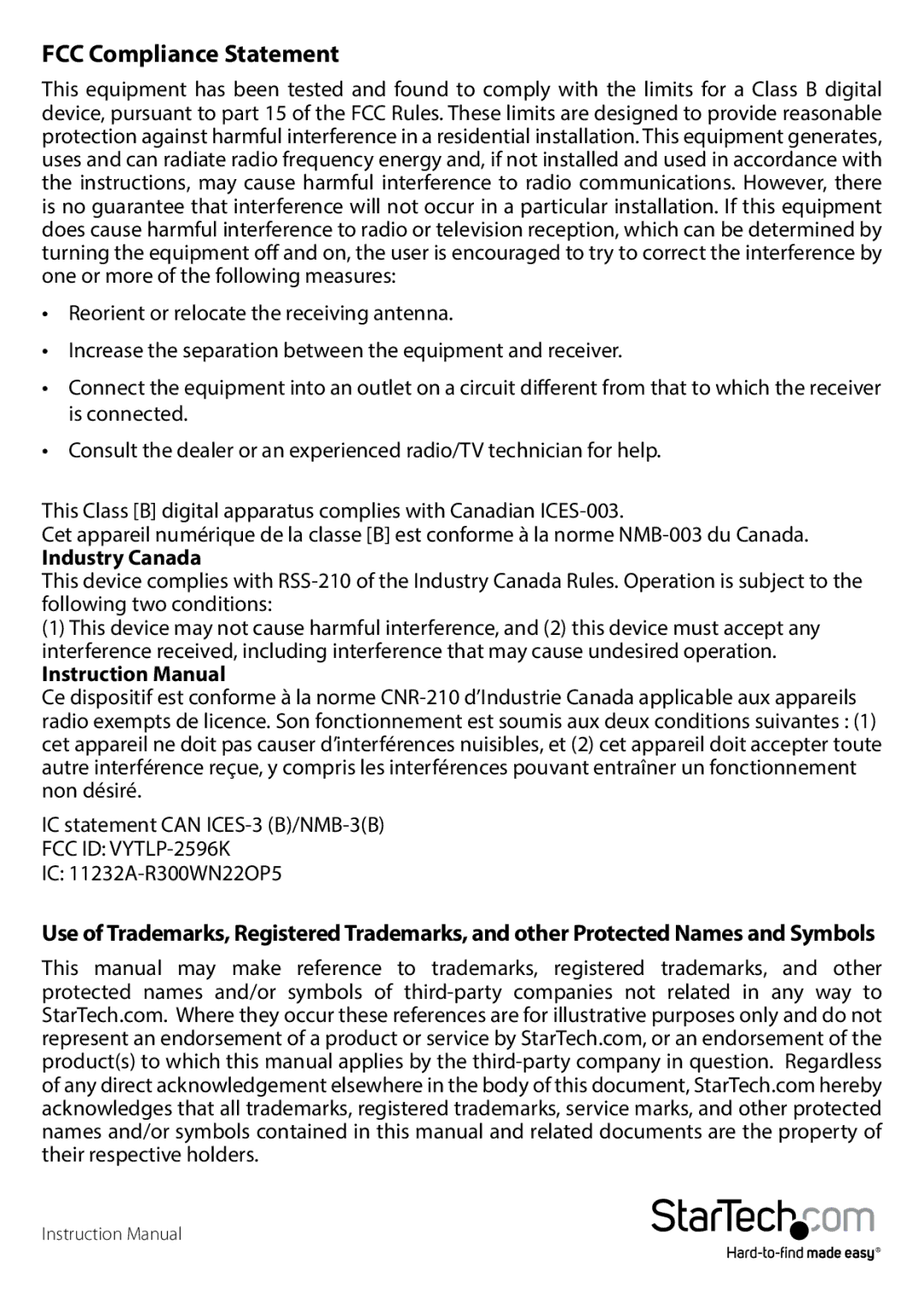 StarTech.com R300WN220P5G, R300WN22OP5E manual FCC Compliance Statement, Industry Canada 