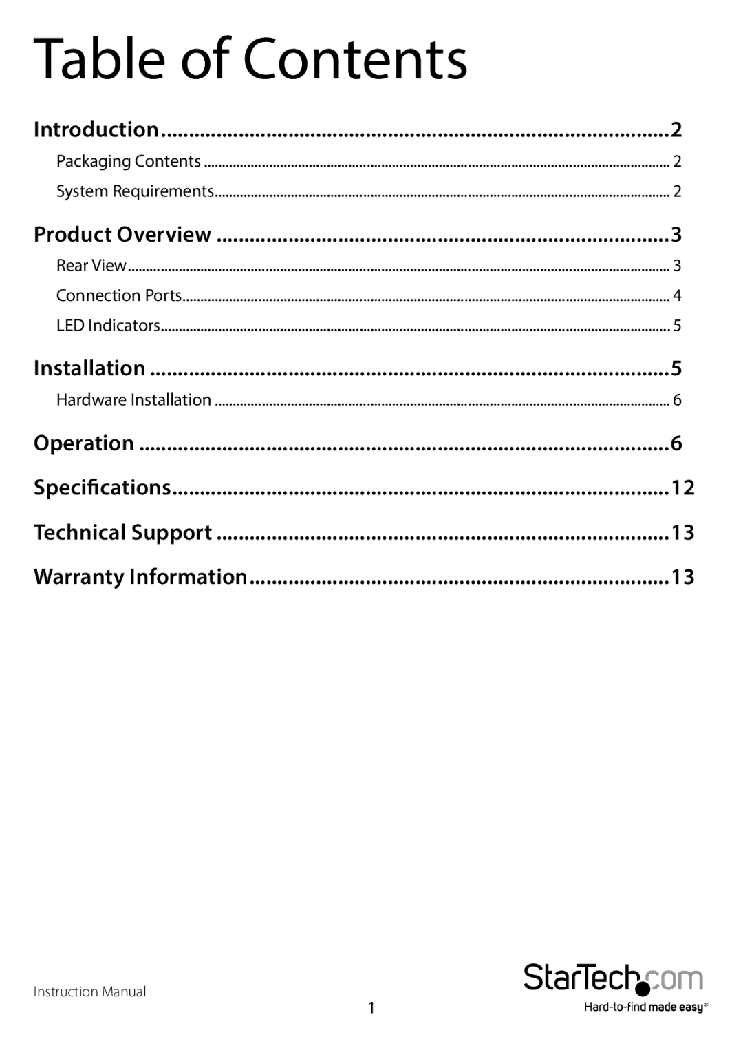 StarTech.com R300WN22OP5E, R300WN220P5G manual Table of Contents 