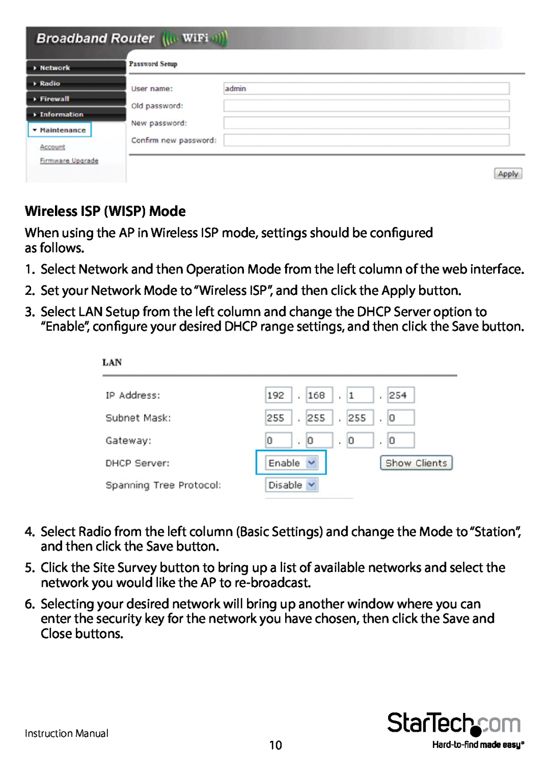 StarTech.com R300WN22OP5E, R300WN220P5G manual Wireless ISP WISP Mode 