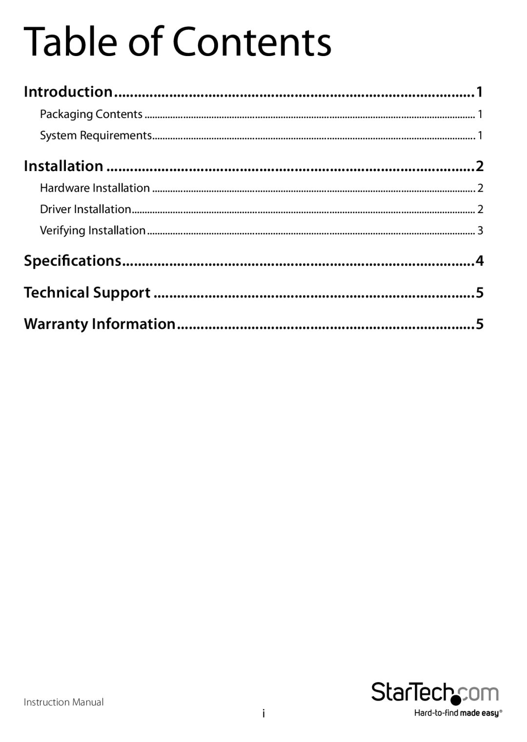 StarTech.com R5232 manual Table of Contents 