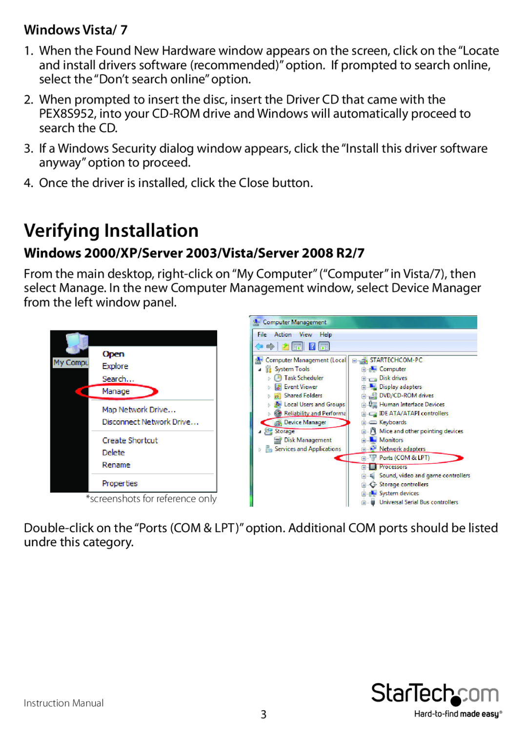 StarTech.com R5232 manual Verifying Installation, Windows Vista, Windows 2000/XP/Server 2003/Vista/Server 2008 R2/7 