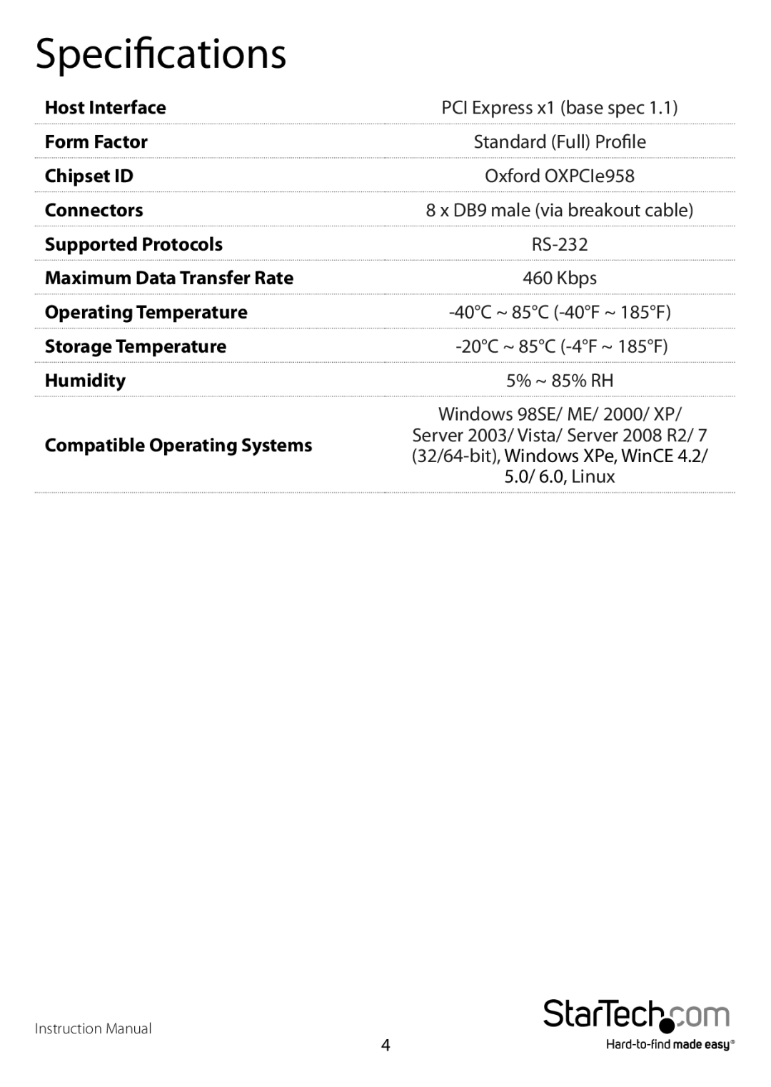 StarTech.com R5232 manual Specifications 