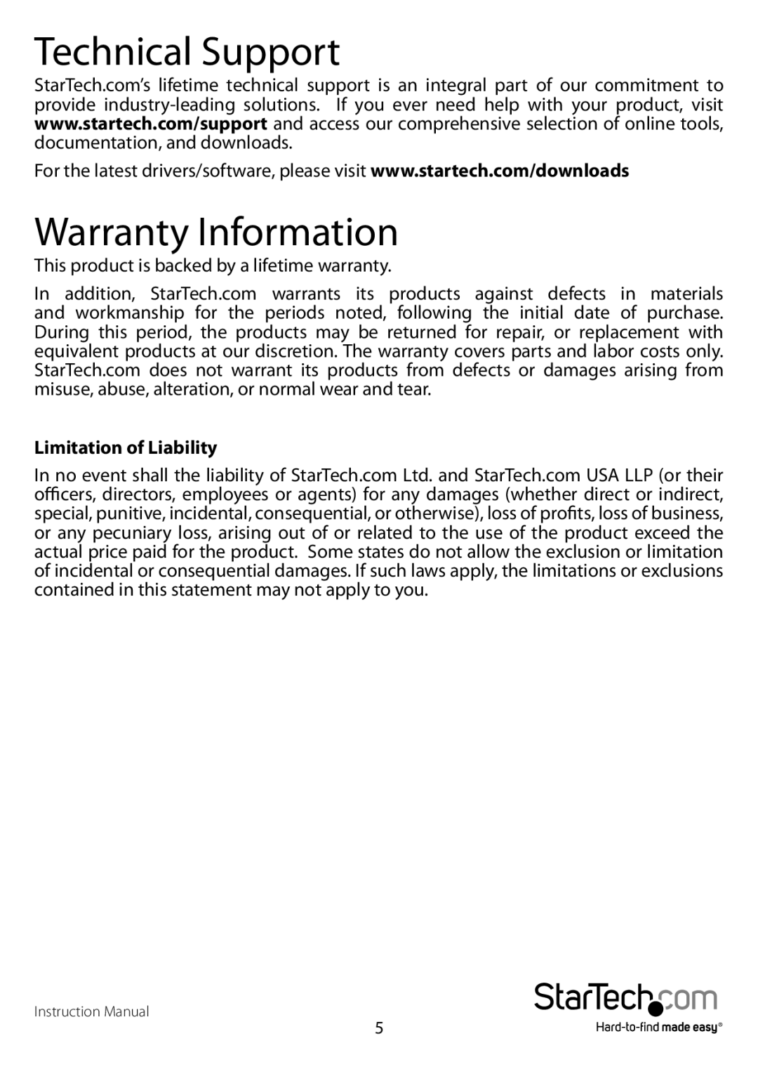 StarTech.com R5232 manual Technical Support Warranty Information, Limitation of Liability 