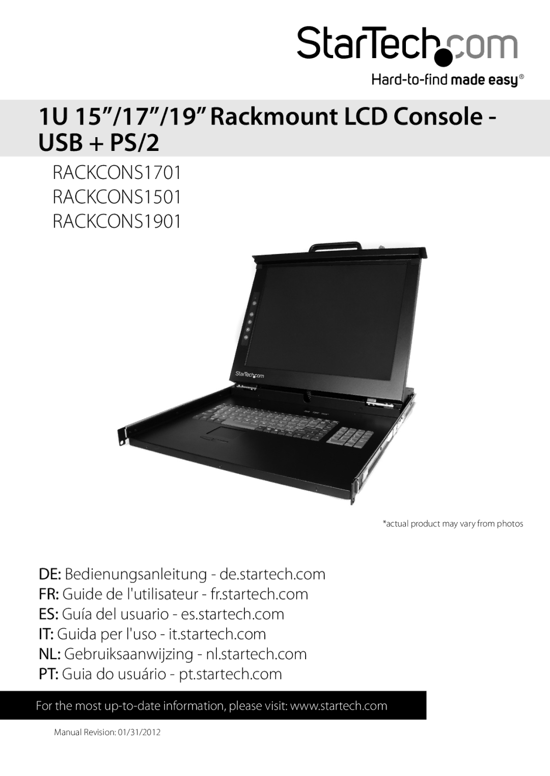 StarTech.com RACKCONS1901, RACKCONS1701, RACKCONS1501 manual 1U 15/17/19 Rackmount LCD Console USB + PS/2 