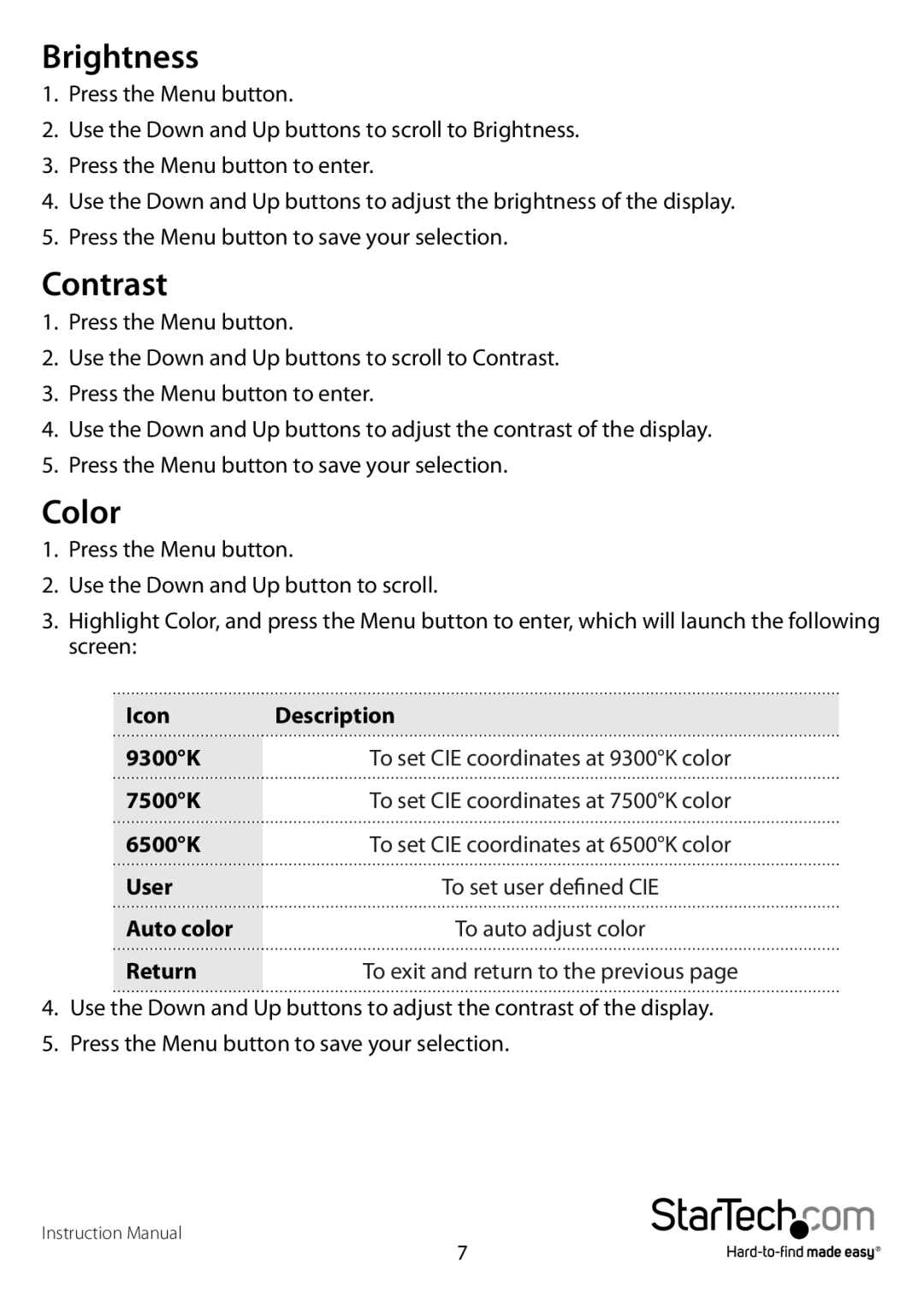 StarTech.com RACKCONS1901, RACKCONS1701, RACKCONS1501 manual Brightness, Contrast, Color 