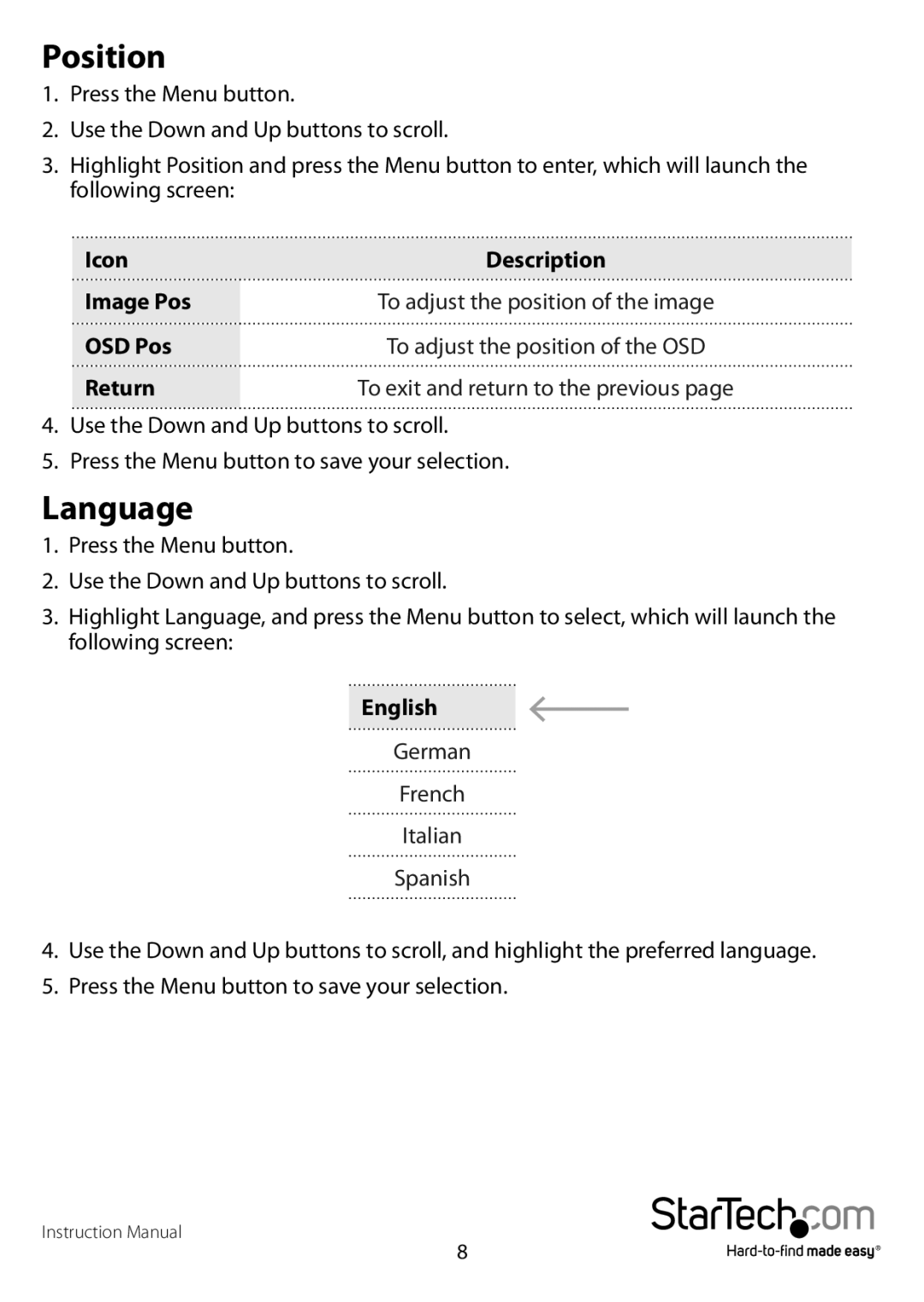 StarTech.com RACKCONS1501, RACKCONS1701, RACKCONS1901 manual Position, Language, Icon Description Image Pos, OSD Pos, English 