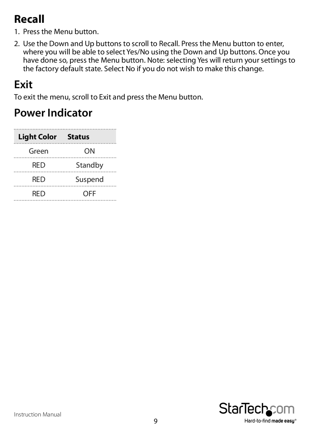 StarTech.com RACKCONS1701, RACKCONS1901, RACKCONS1501 manual Recall, Exit, Power Indicator, Light Color Status 