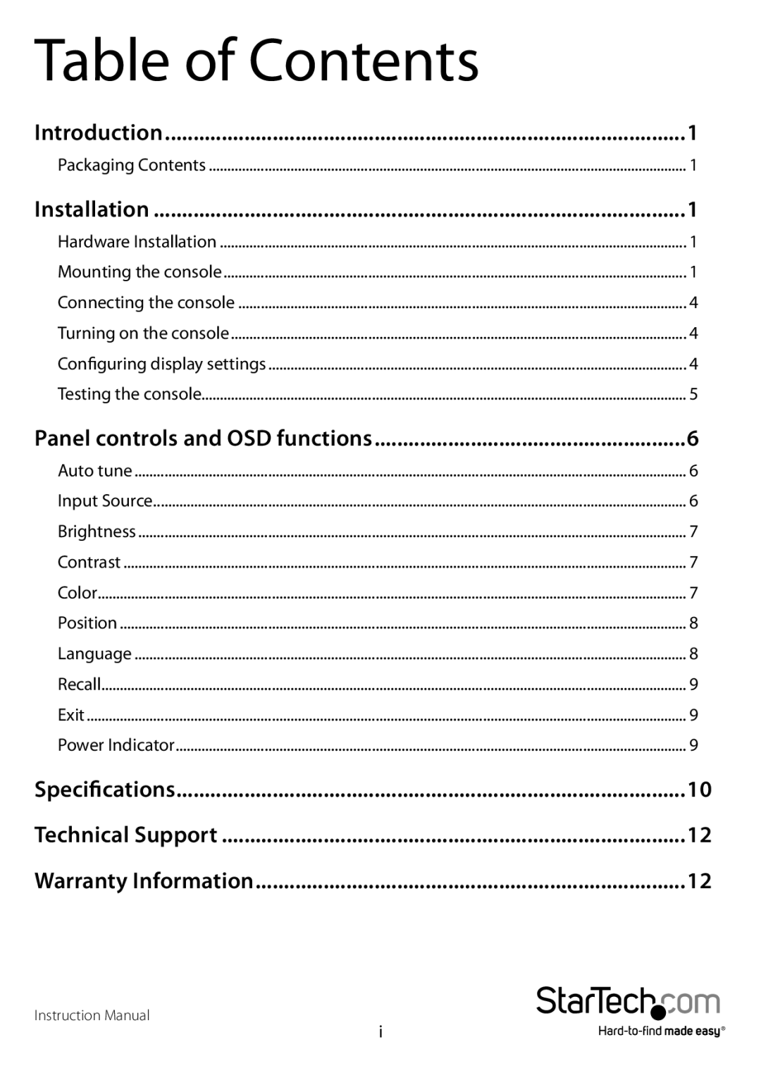 StarTech.com RACKCONS1701, RACKCONS1901, RACKCONS1501 manual Table of Contents 