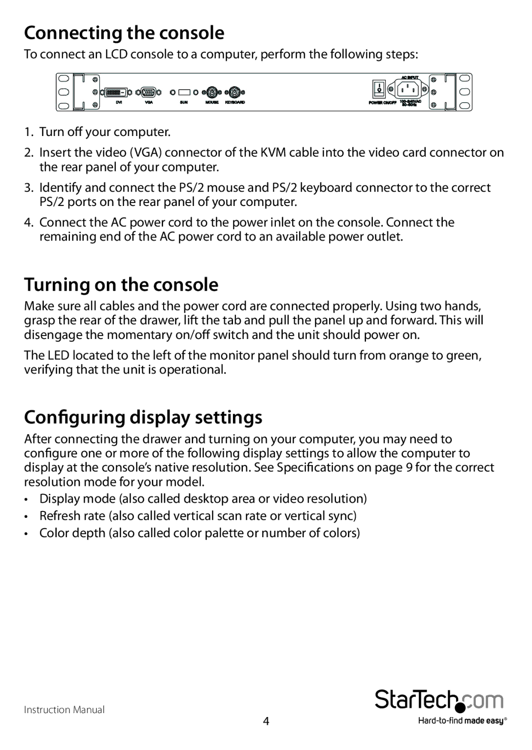 StarTech.com RACKCONS1901, RACKCONS1701 manual Connecting the console, Turning on the console, Configuring display settings 