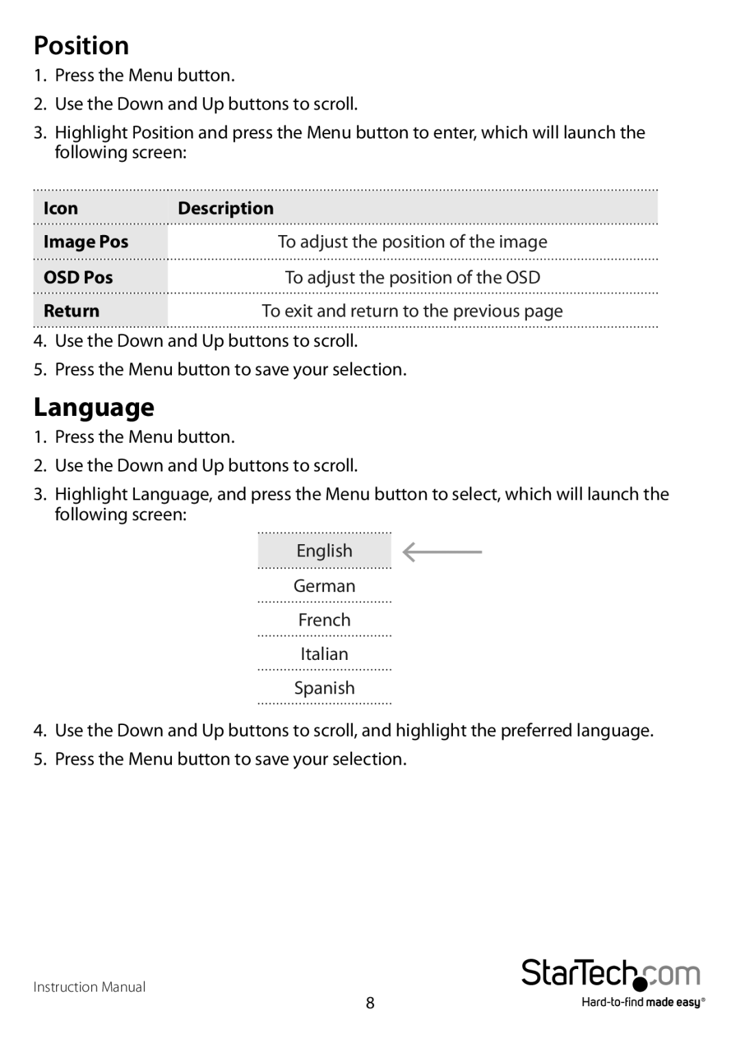 StarTech.com RACKCONS2001 manual Position, Language, Icon Description Image Pos, OSD Pos 