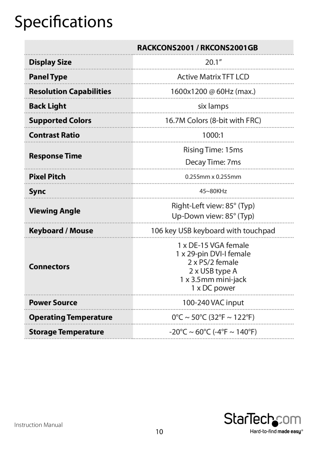 StarTech.com manual Specifications, RACKCONS2001 / RKCONS2001GB 