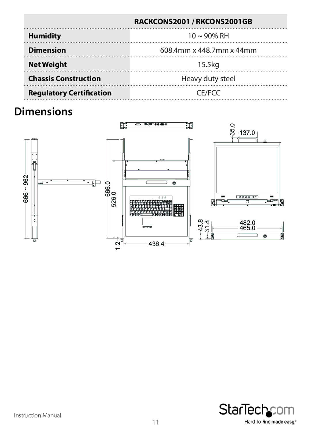 StarTech.com RACKCONS2001 manual Dimensions 