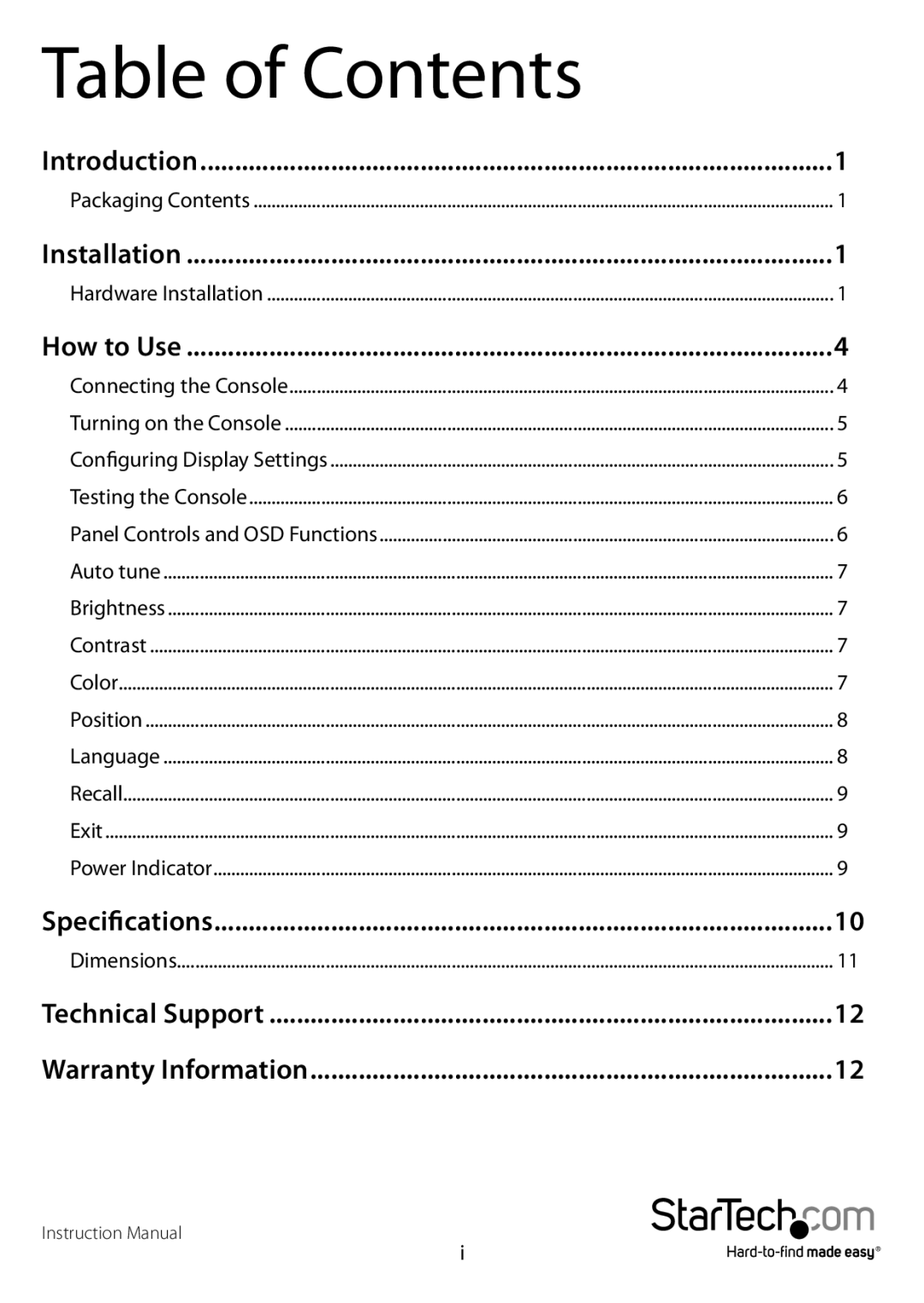 StarTech.com RACKCONS2001 manual Table of Contents 