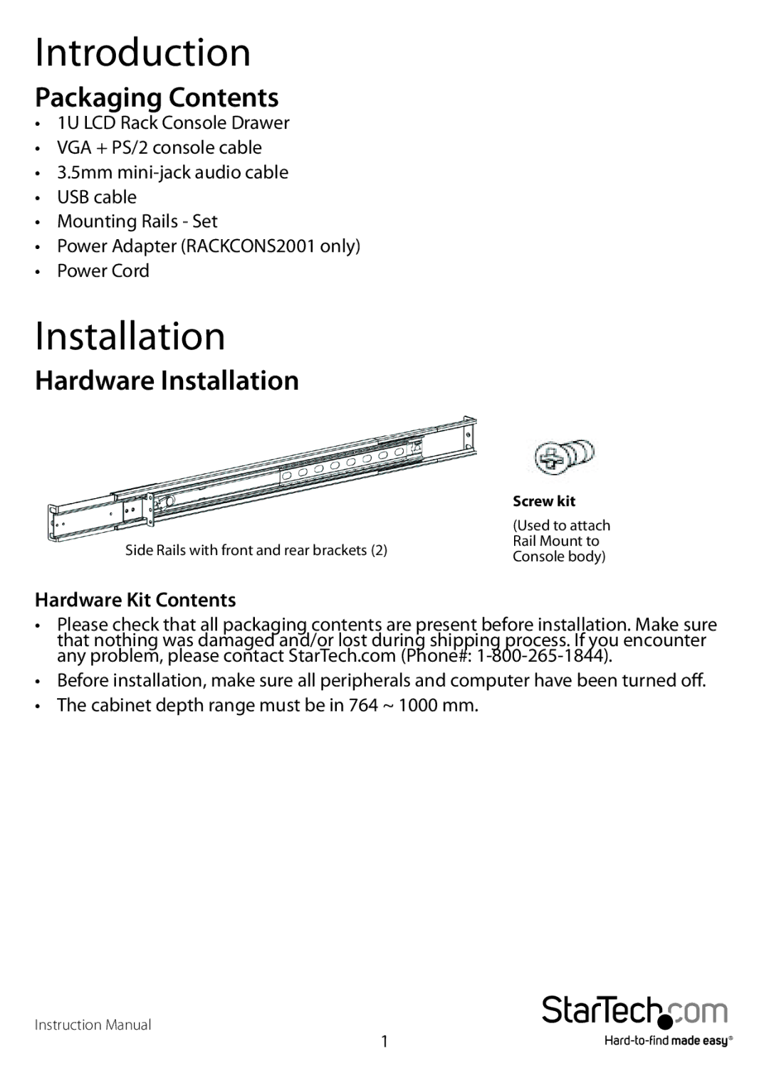 StarTech.com RACKCONS2001 manual Introduction, Packaging Contents, Hardware Installation 