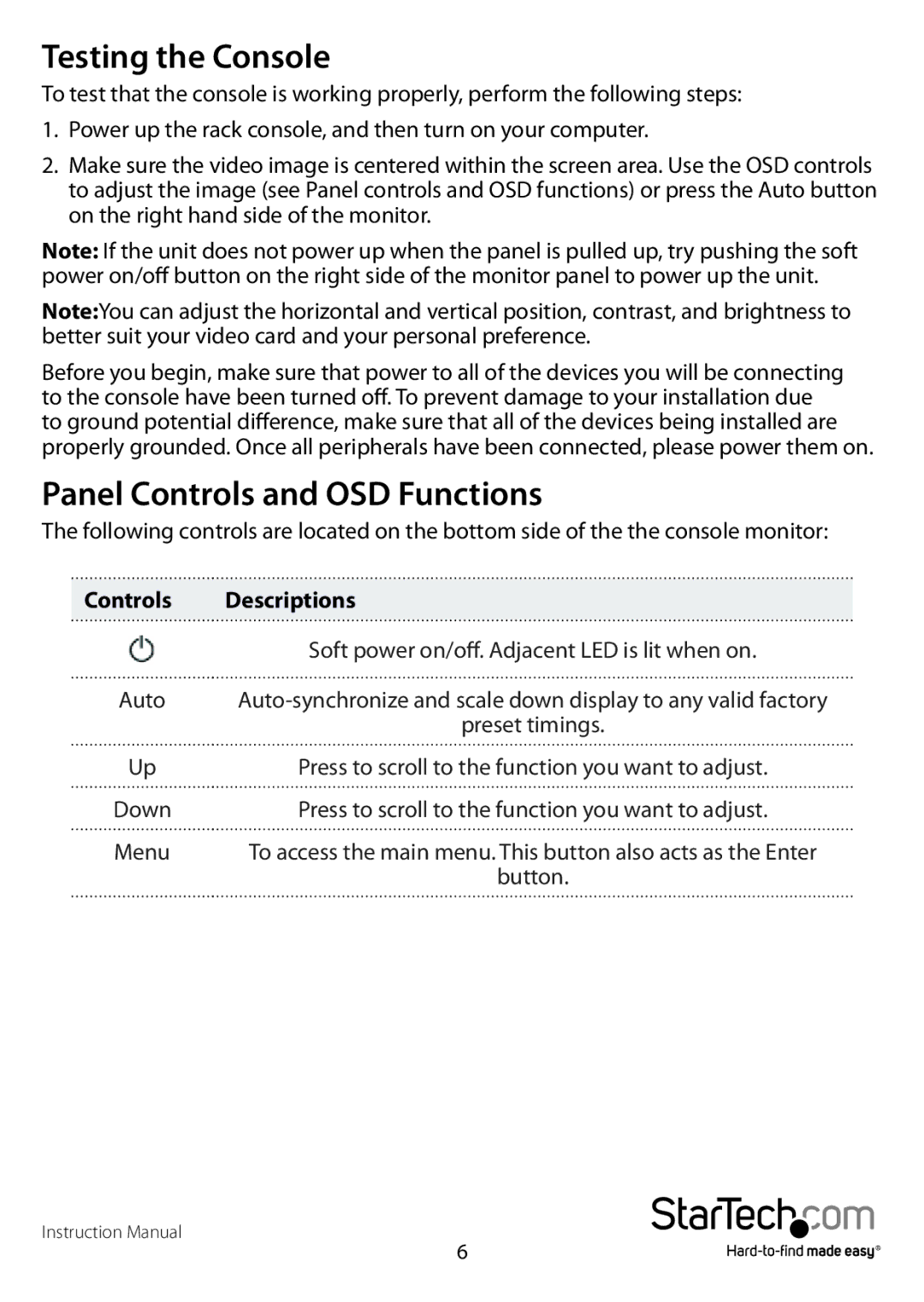 StarTech.com RACKCONS2001 manual Testing the Console, Panel Controls and OSD Functions 