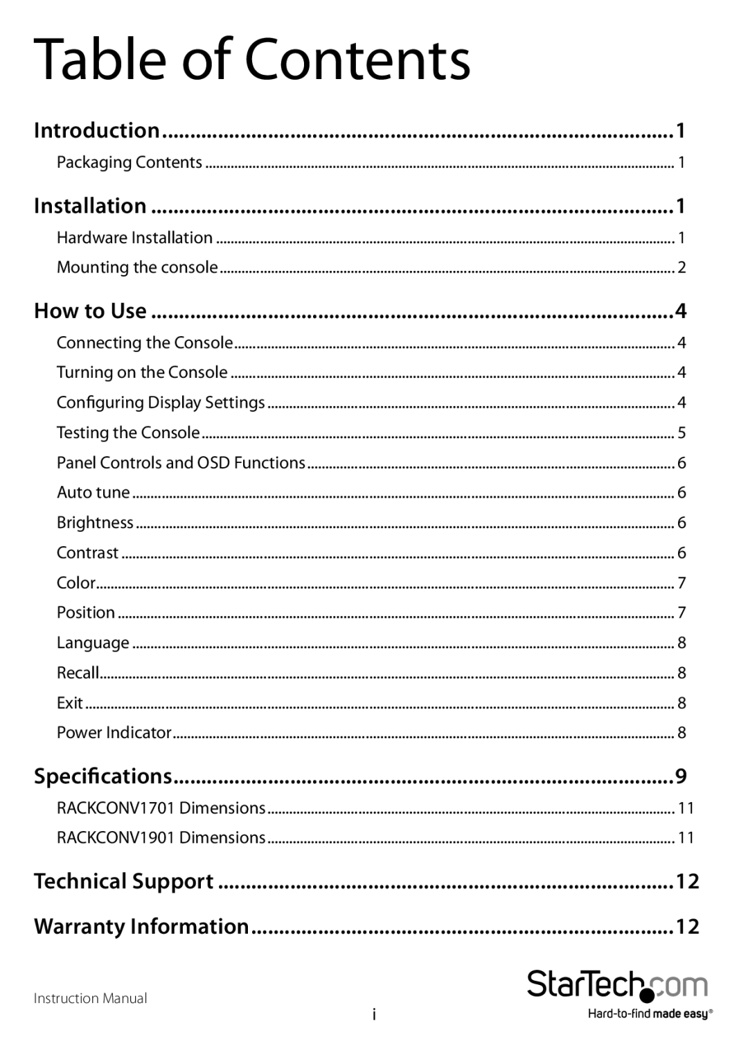 StarTech.com RACKCONV1901 Table of Contents, Introduction, Installation, How to Use, Specifications, Technical Support 
