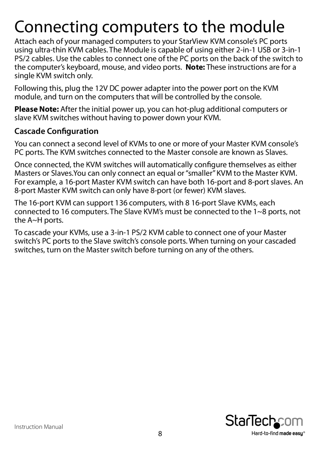 StarTech.com RACKCONS1716, RKCONS1916GB, RKCONS1708EU manual Connecting computers to the module, Cascade Configuration 