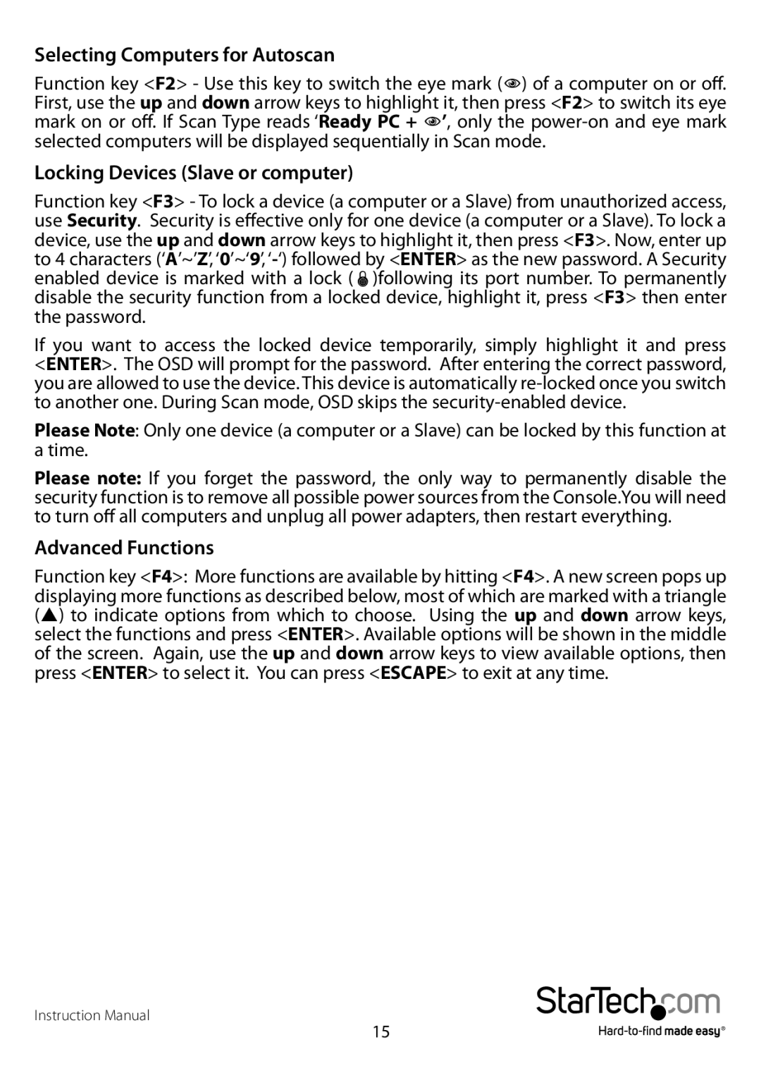 StarTech.com RKCONS1916EU manual Selecting Computers for Autoscan, Locking Devices Slave or computer, Advanced Functions 