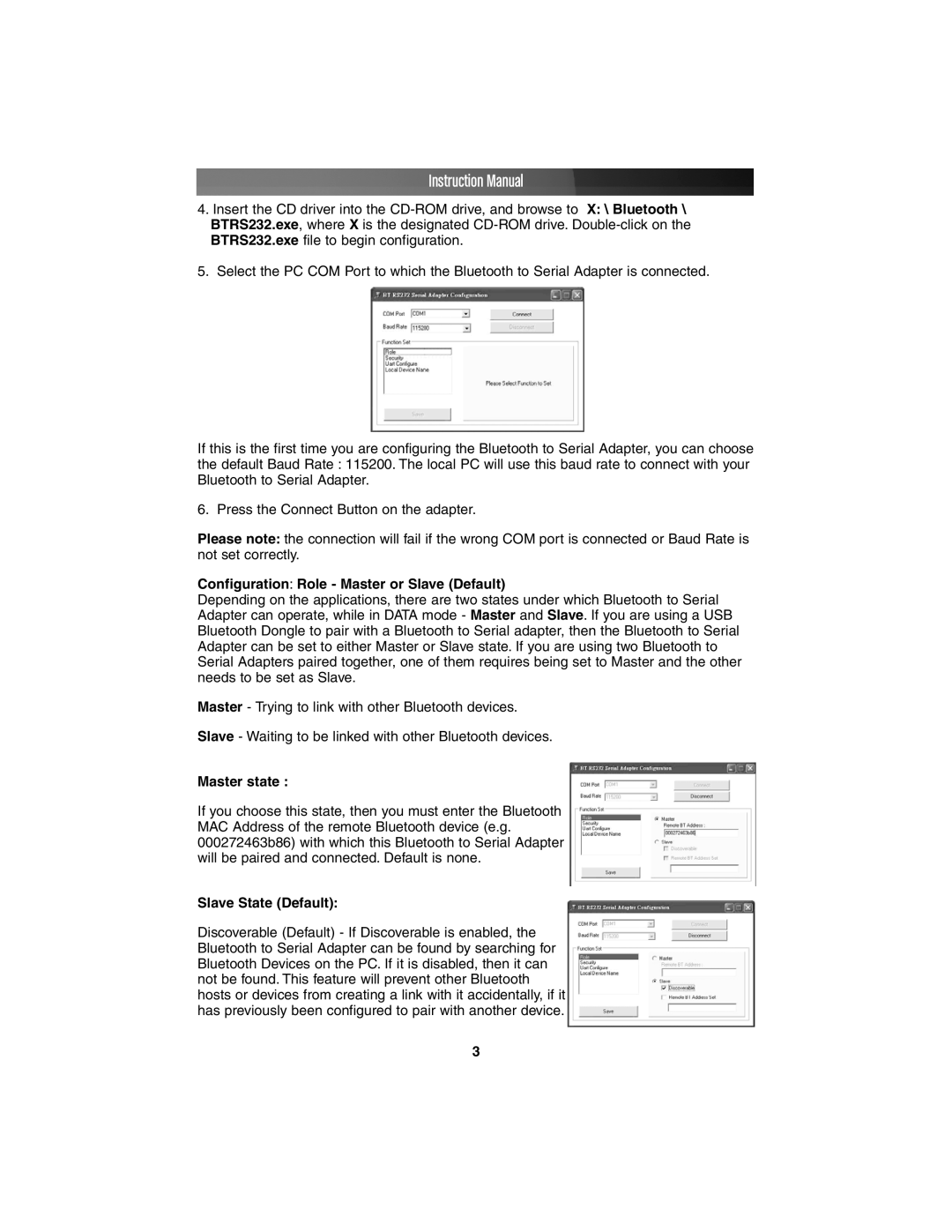 StarTech.com RS-232 instruction manual Configuration Role Master or Slave Default, Master state, Slave State Default 