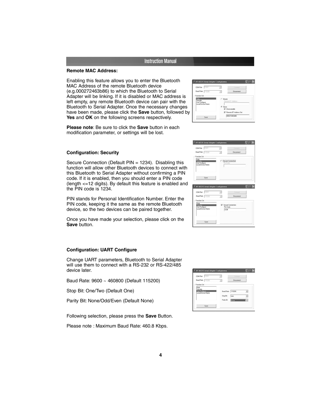 StarTech.com RS-232 instruction manual Remote MAC Address, Configuration Security, Configuration Uart Configure 