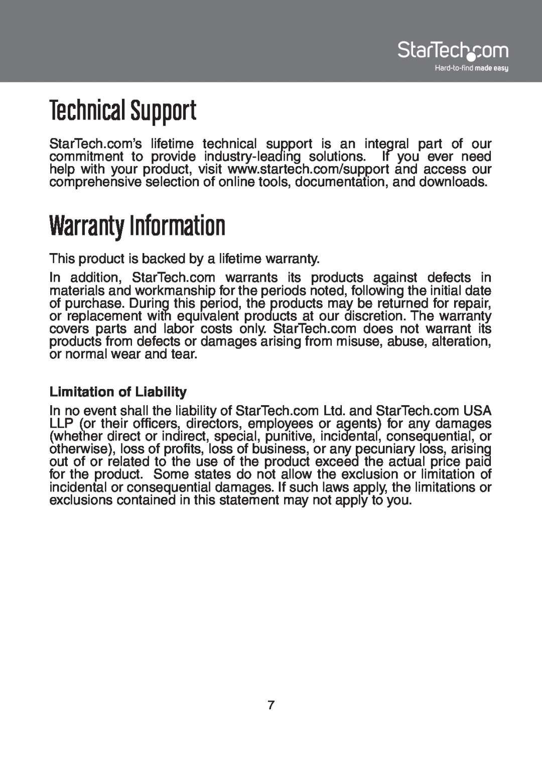 StarTech.com RS-485/422 instruction manual Technical Support, Warranty Information, Limitation of Liability 
