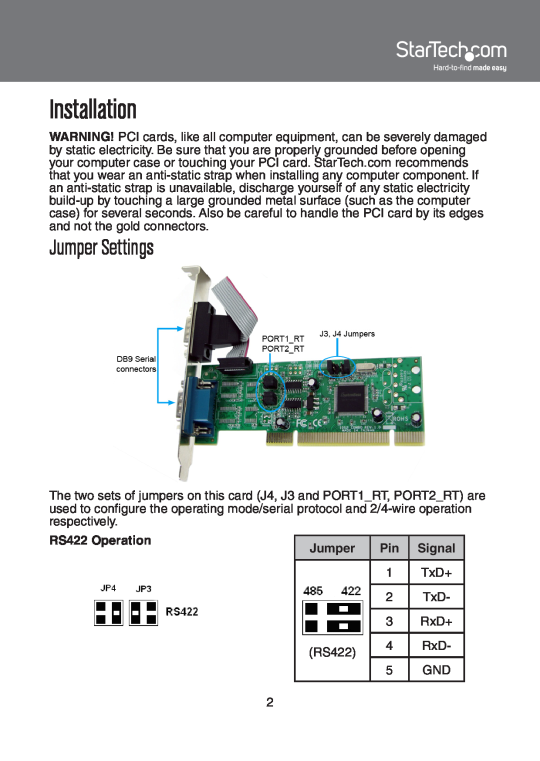 StarTech.com RS-485/422 instruction manual Installation, Jumper Settings 