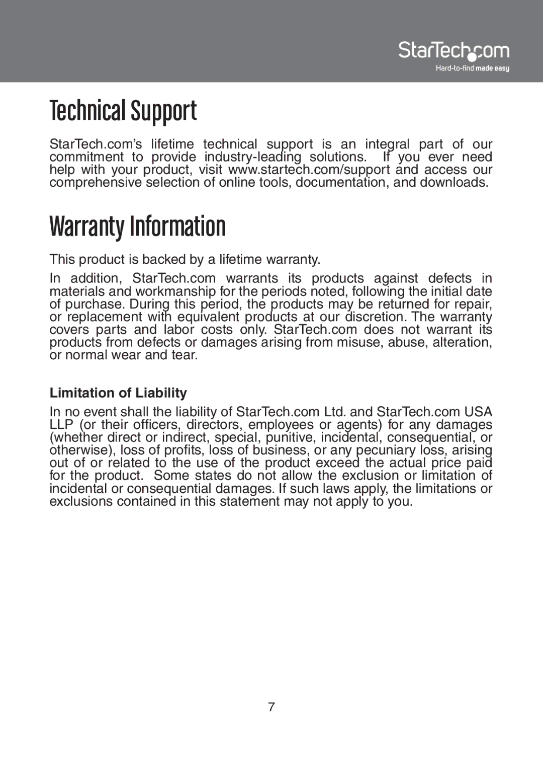 StarTech.com RS-485/422 instruction manual Technical Support Warranty Information 