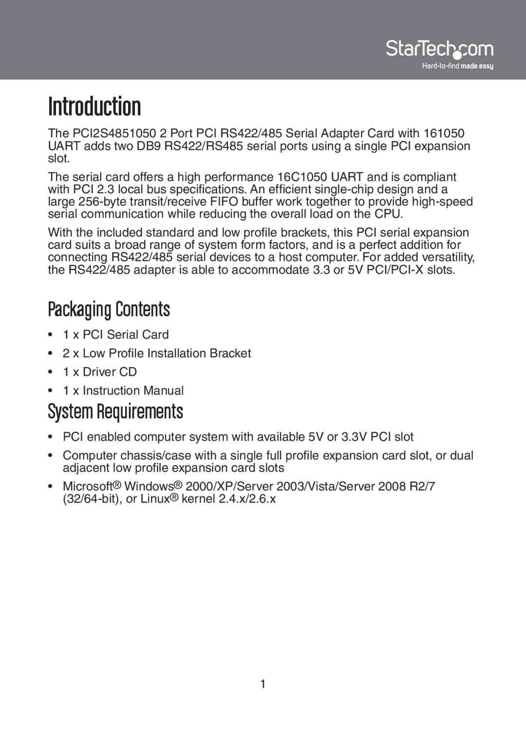 StarTech.com RS-485/422 instruction manual Packaging Contents, System Requirements 