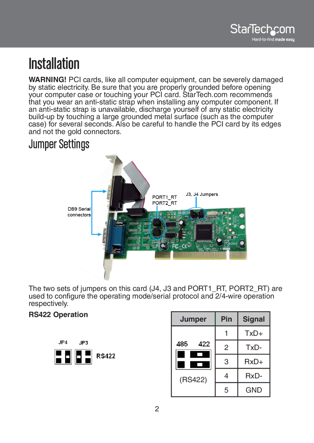 StarTech.com RS-485/422 instruction manual Installation, Jumper Settings 